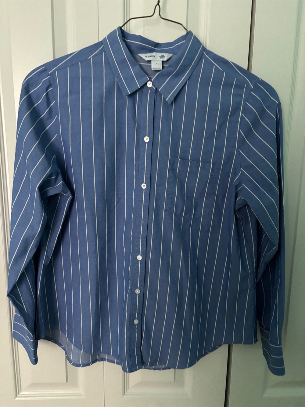 Old Navy Women’s Blue Vertical-Strip Blouse with White Pinstripes